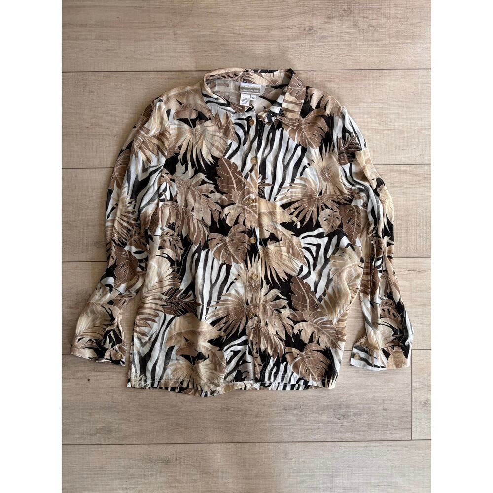 Coldwater Creek Womens Blouse Size L Animal Tropical Print Boat Neck Long Sleeve